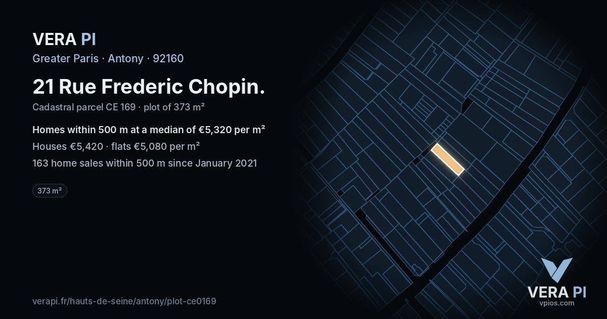 21 Rue Frederic Chopin, Antony at night – the plot lit, the parcels around coloured by the prices near them