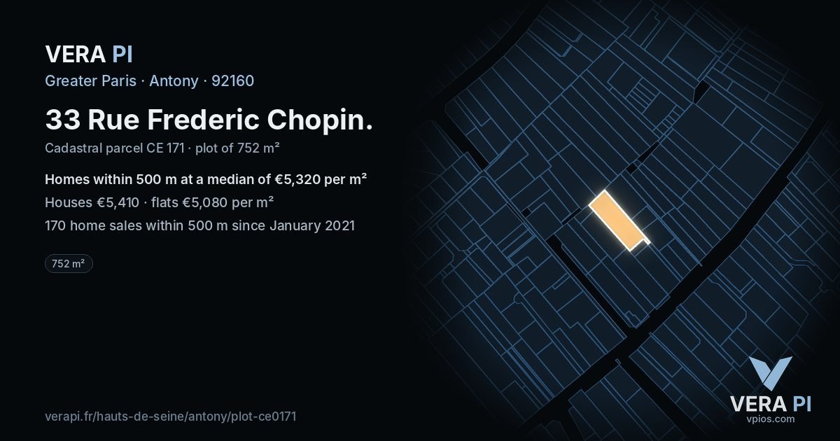 33 Rue Frederic Chopin, Antony at night – the plot lit, the parcels around coloured by the prices near them
