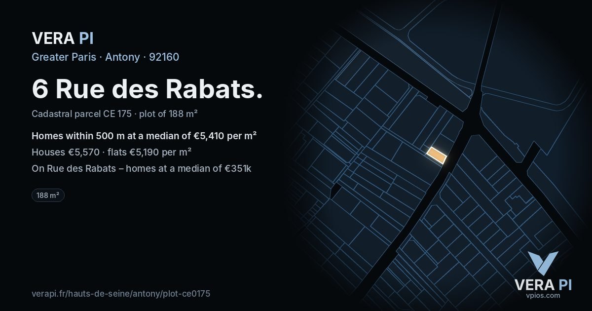 6 Rue des Rabats, Antony at night – the plot lit, the parcels around coloured by the prices near them