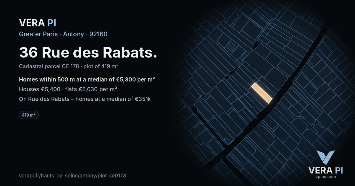 36 Rue des Rabats, Antony at night – the plot lit, the parcels around coloured by the prices near them