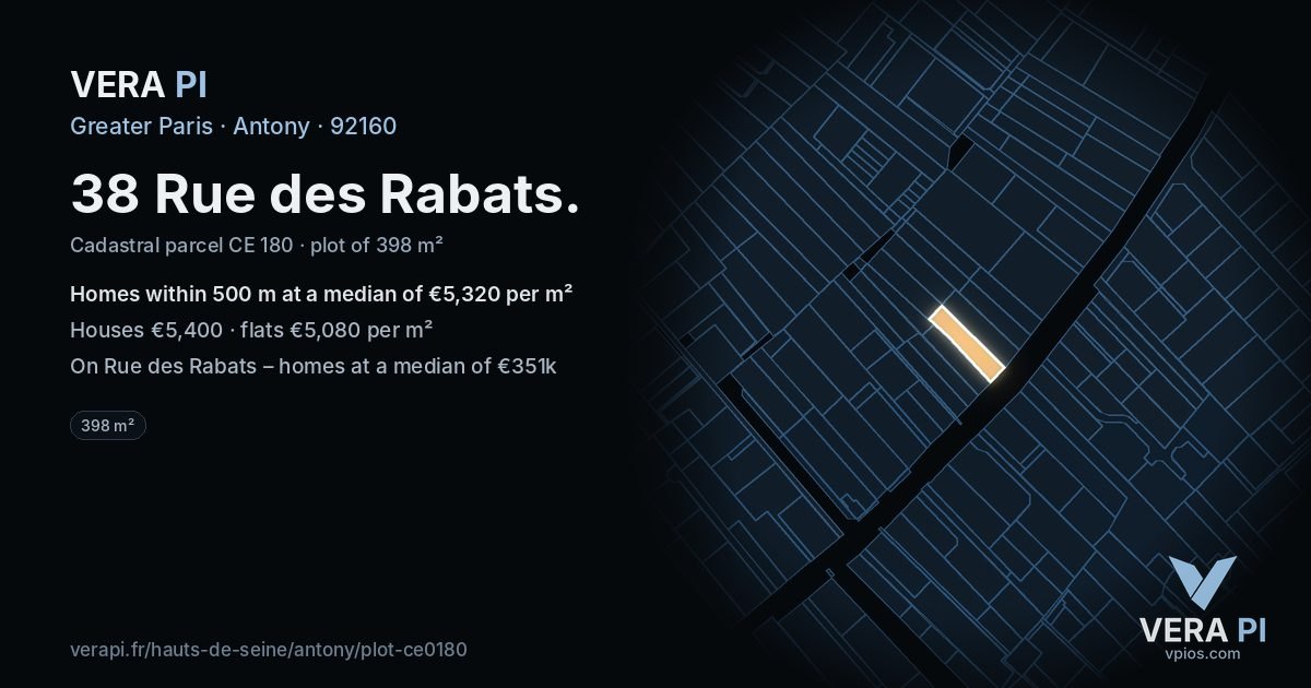 38 Rue des Rabats, Antony at night – the plot lit, the parcels around coloured by the prices near them