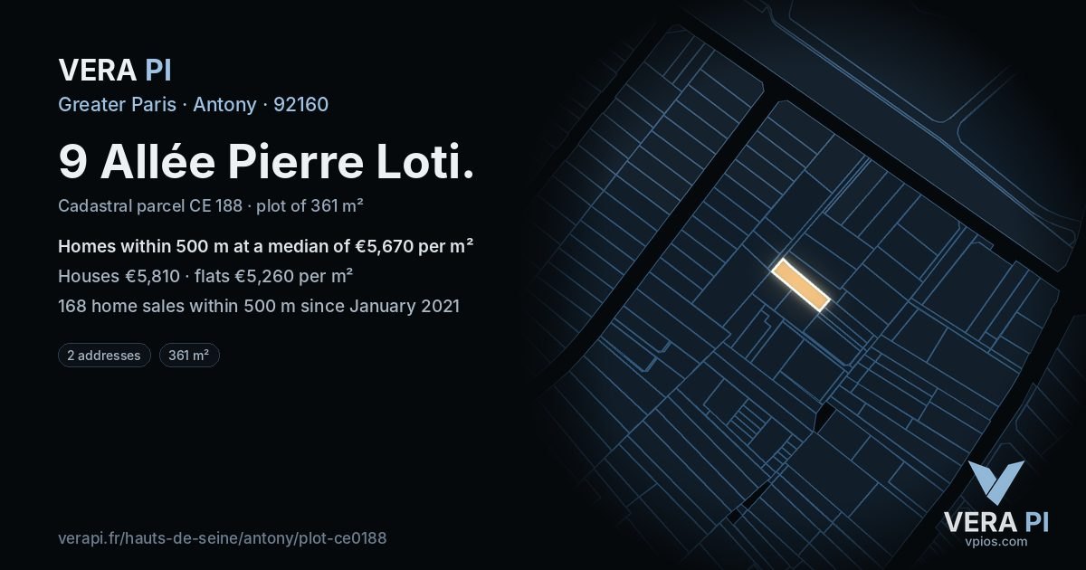 9 Allée Pierre Loti, Antony at night – the plot lit, the parcels around coloured by the prices near them