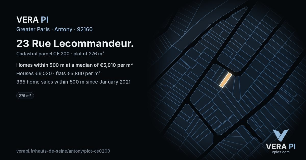23 Rue Lecommandeur, Antony at night – the plot lit, the parcels around coloured by the prices near them