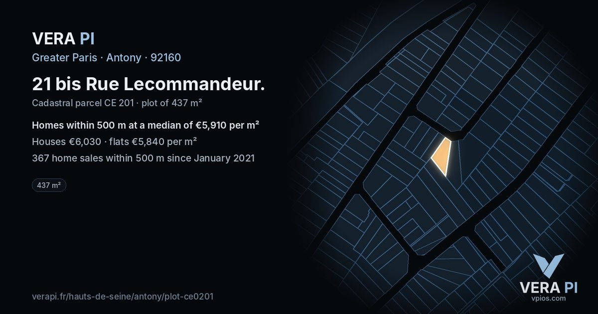 21 bis Rue Lecommandeur, Antony at night – the plot lit, the parcels around coloured by the prices near them