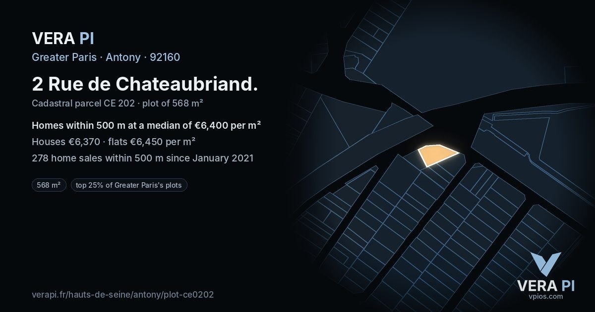 2 Rue de Chateaubriand, Antony at night – the plot lit, the parcels around coloured by the prices near them