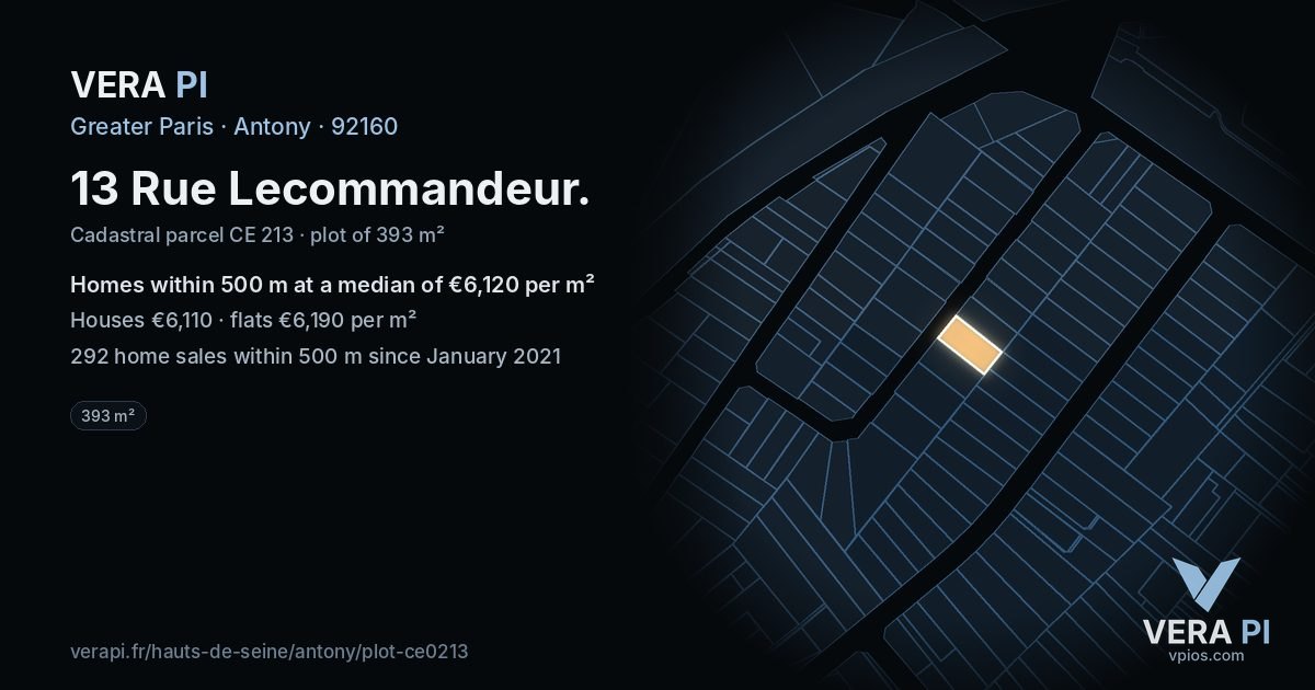 13 Rue Lecommandeur, Antony at night – the plot lit, the parcels around coloured by the prices near them