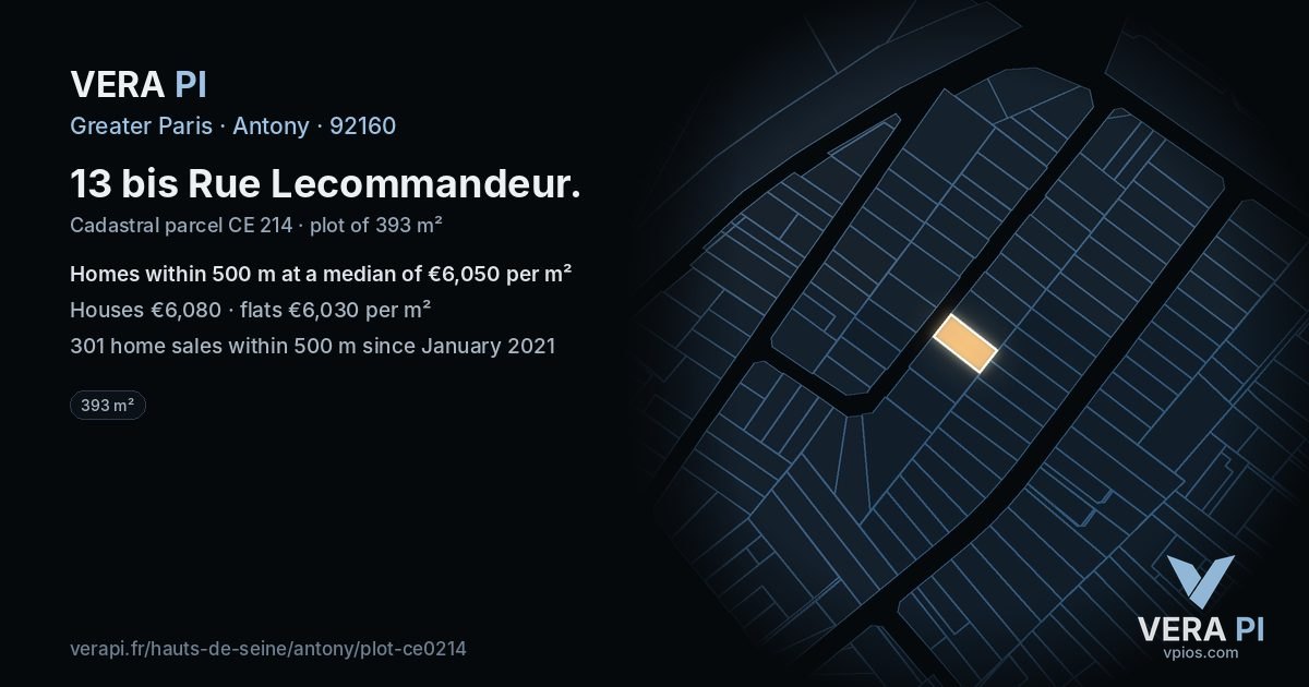 13 bis Rue Lecommandeur, Antony at night – the plot lit, the parcels around coloured by the prices near them