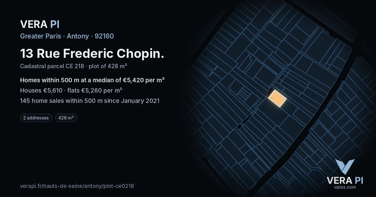 13 Rue Frederic Chopin, Antony at night – the plot lit, the parcels around coloured by the prices near them