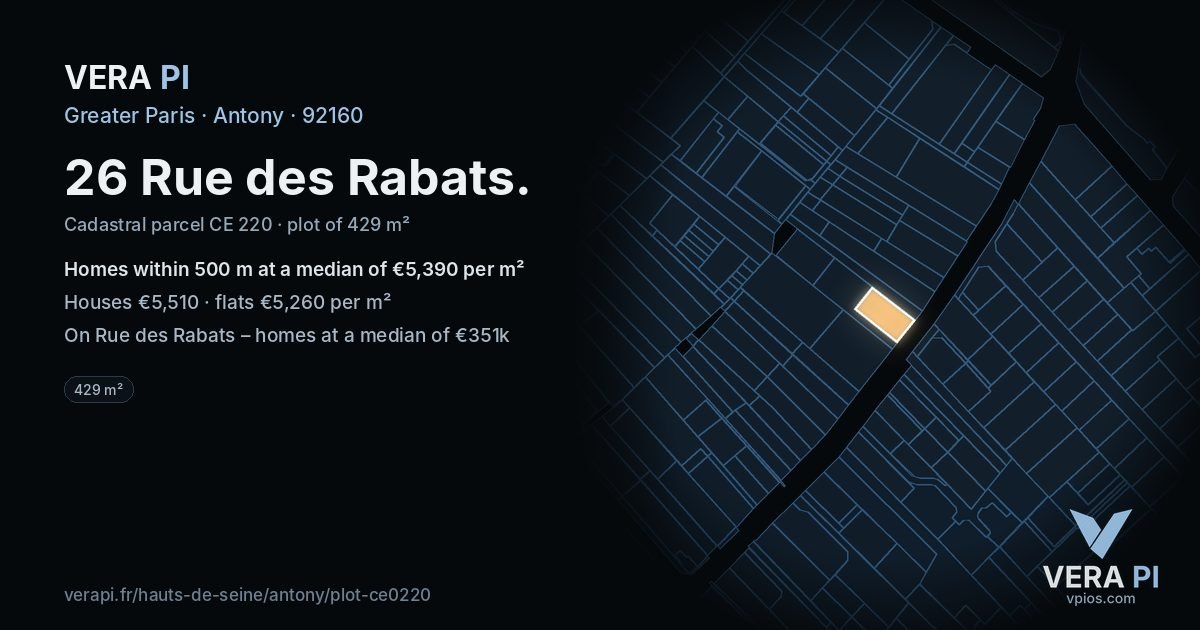 26 Rue des Rabats, Antony at night – the plot lit, the parcels around coloured by the prices near them