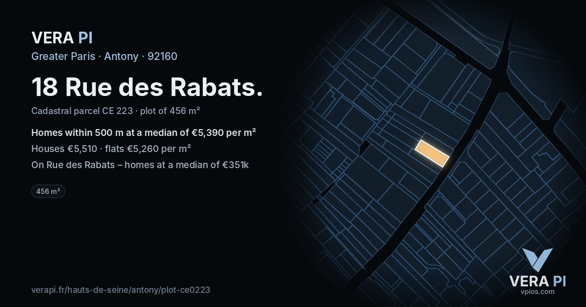 18 Rue des Rabats, Antony at night – the plot lit, the parcels around coloured by the prices near them
