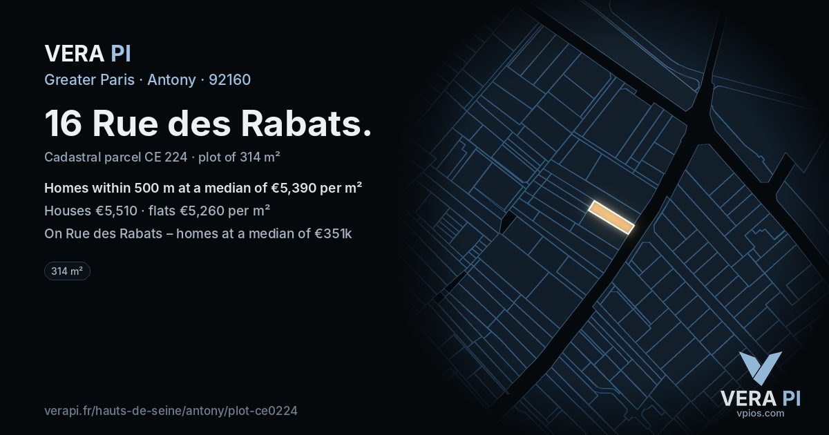 16 Rue des Rabats, Antony at night – the plot lit, the parcels around coloured by the prices near them
