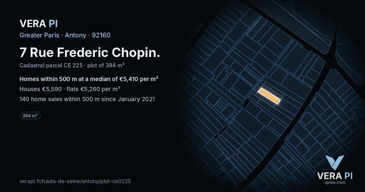 7 Rue Frederic Chopin, Antony at night – the plot lit, the parcels around coloured by the prices near them