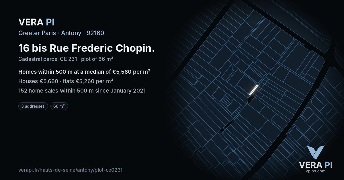 16 bis Rue Frederic Chopin, Antony at night – the plot lit, the parcels around coloured by the prices near them