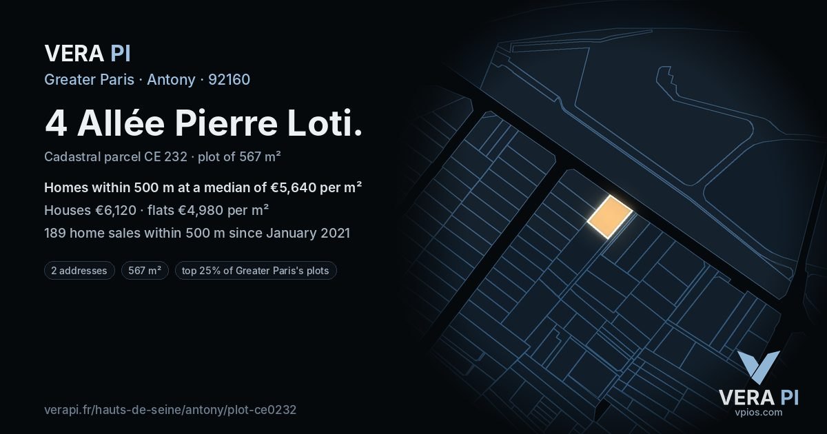 4 Allée Pierre Loti, Antony at night – the plot lit, the parcels around coloured by the prices near them