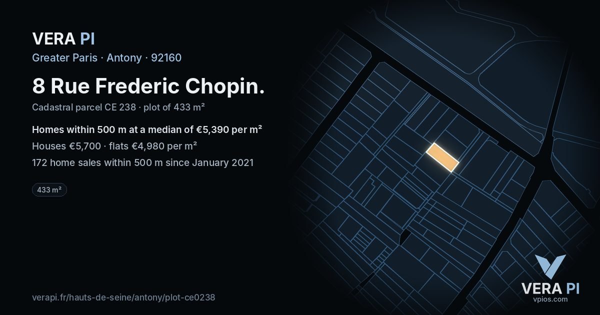 8 Rue Frederic Chopin, Antony at night – the plot lit, the parcels around coloured by the prices near them