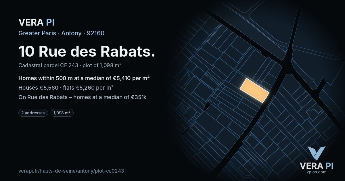 10 Rue des Rabats, Antony at night – the plot lit, the parcels around coloured by the prices near them