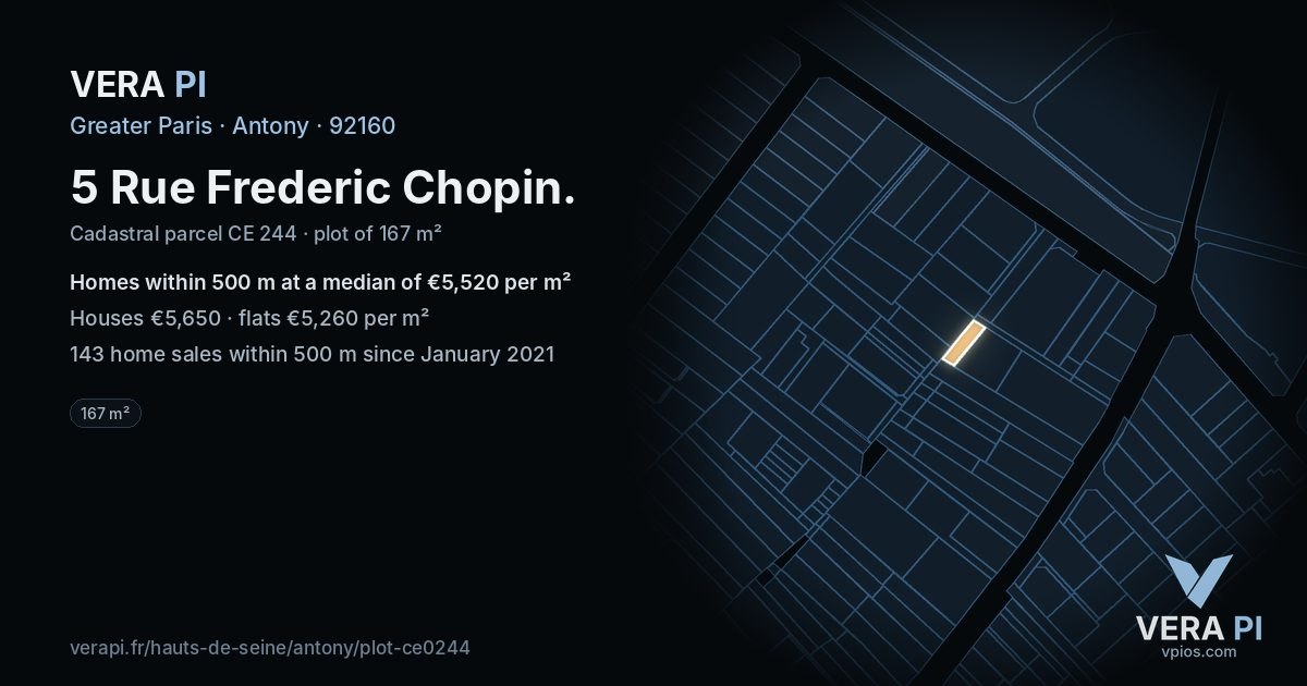 5 Rue Frederic Chopin, Antony at night – the plot lit, the parcels around coloured by the prices near them