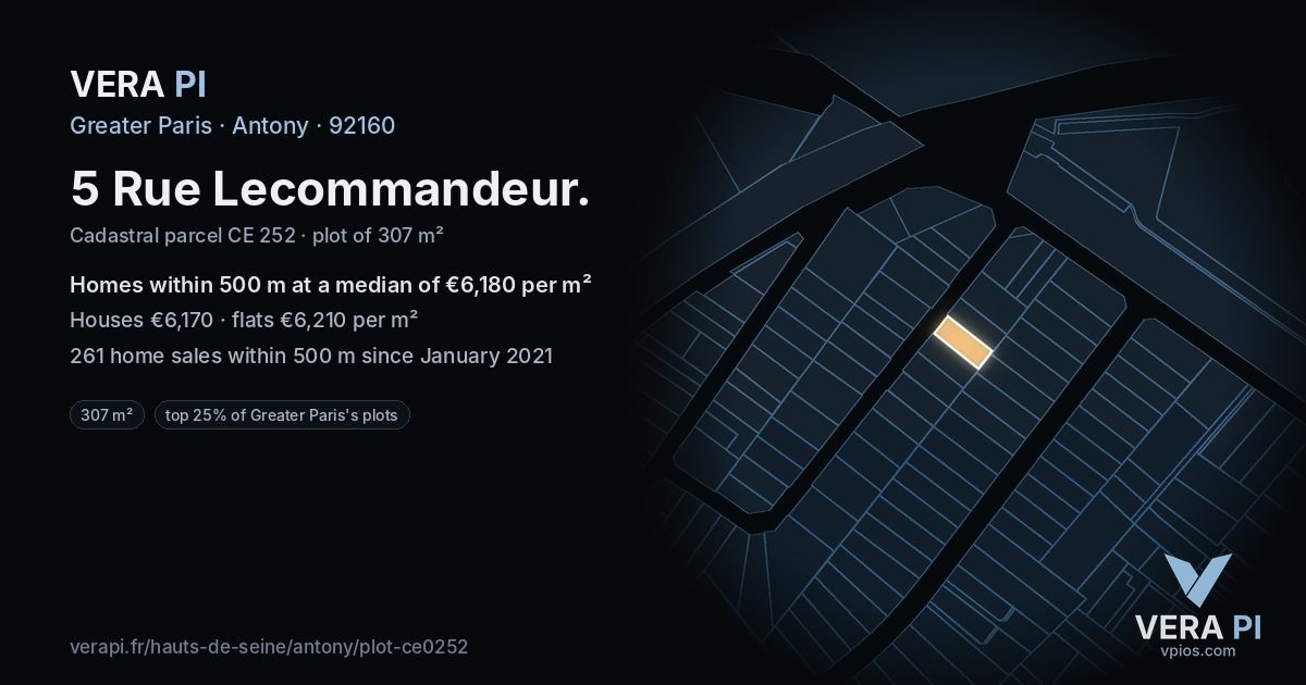 5 Rue Lecommandeur, Antony at night – the plot lit, the parcels around coloured by the prices near them