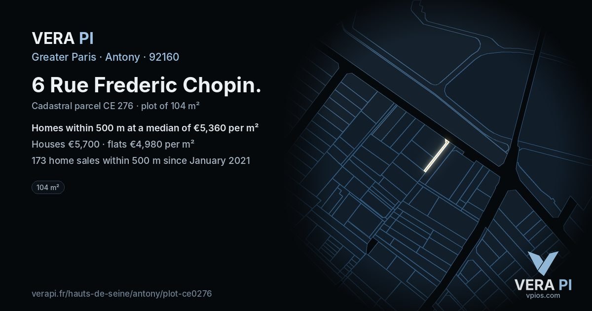 6 Rue Frederic Chopin, Antony at night – the plot lit, the parcels around coloured by the prices near them