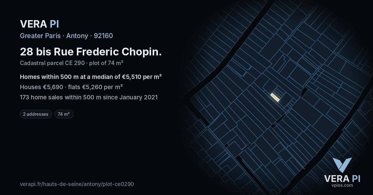 28 bis Rue Frederic Chopin, Antony at night – the plot lit, the parcels around coloured by the prices near them