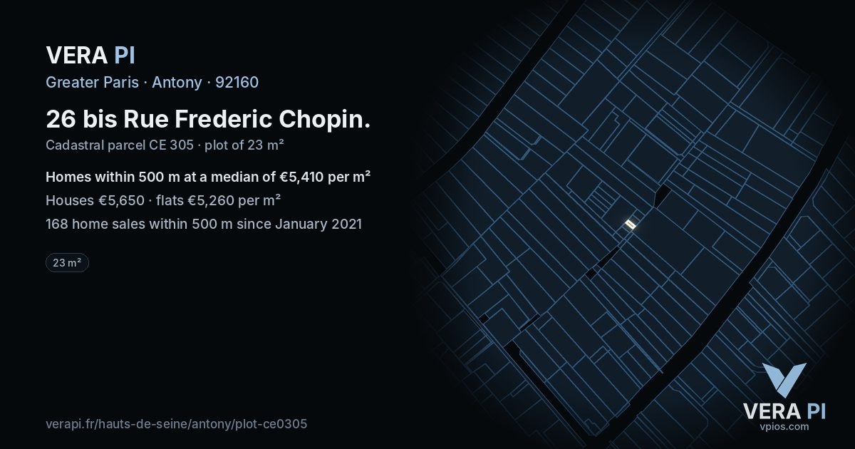 26 bis Rue Frederic Chopin, Antony at night – the plot lit, the parcels around coloured by the prices near them