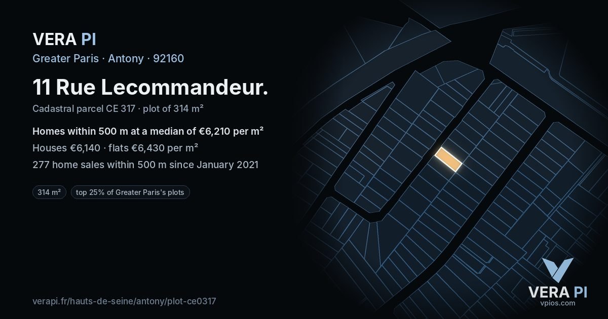 11 Rue Lecommandeur, Antony at night – the plot lit, the parcels around coloured by the prices near them