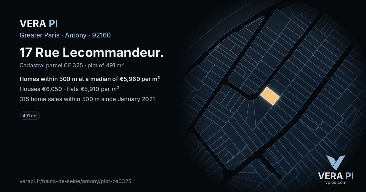 17 Rue Lecommandeur, Antony at night – the plot lit, the parcels around coloured by the prices near them