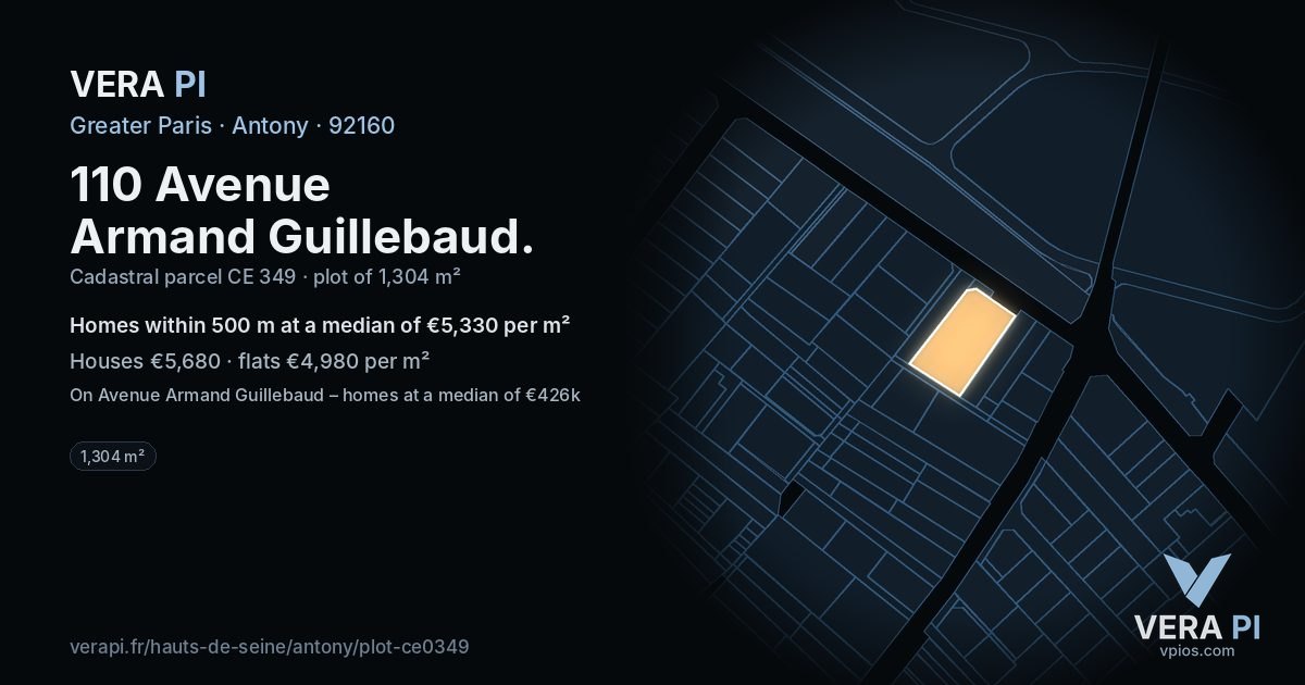 110 Avenue Armand Guillebaud, Antony at night – the plot lit, the parcels around coloured by the prices near them