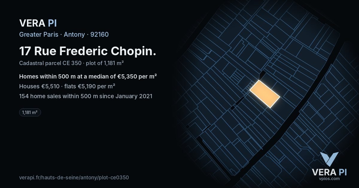 17 Rue Frederic Chopin, Antony at night – the plot lit, the parcels around coloured by the prices near them