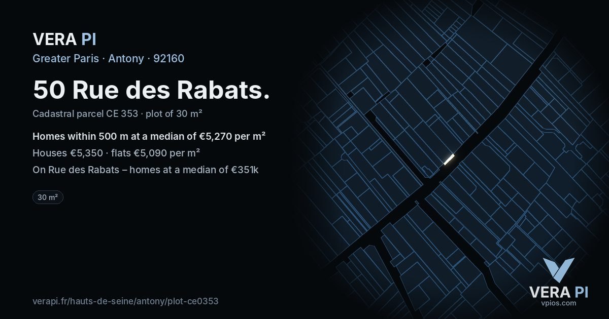 50 Rue des Rabats, Antony at night – the plot lit, the parcels around coloured by the prices near them