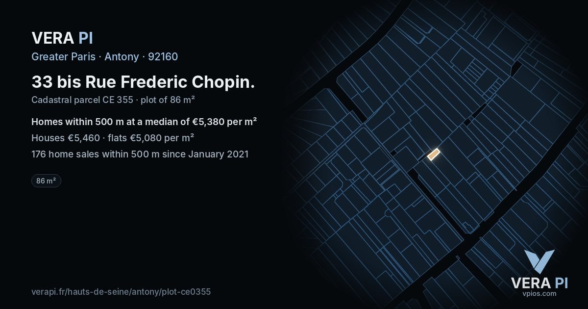 33 bis Rue Frederic Chopin, Antony at night – the plot lit, the parcels around coloured by the prices near them