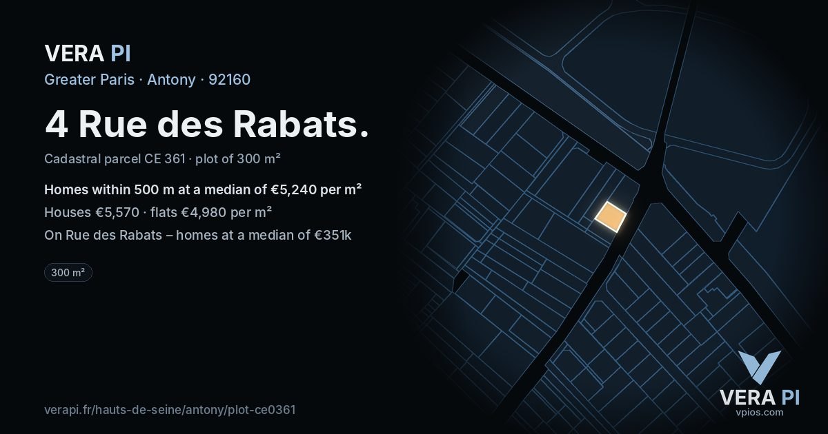 4 Rue des Rabats, Antony at night – the plot lit, the parcels around coloured by the prices near them