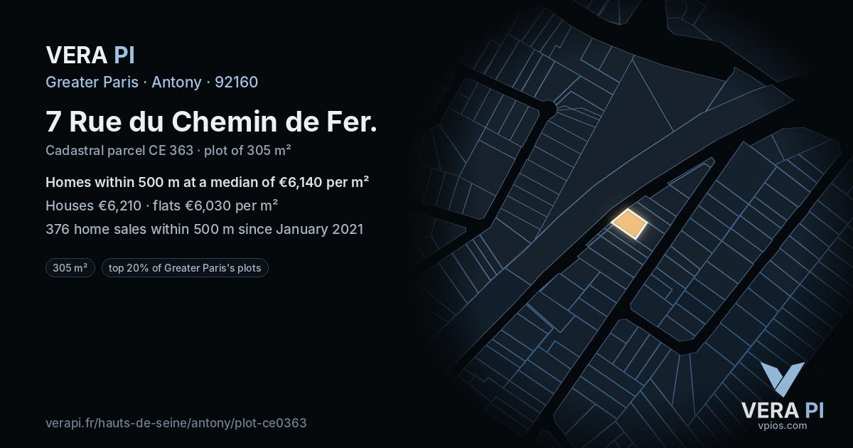 7 Rue du Chemin de Fer, Antony at night – the plot lit, the parcels around coloured by the prices near them