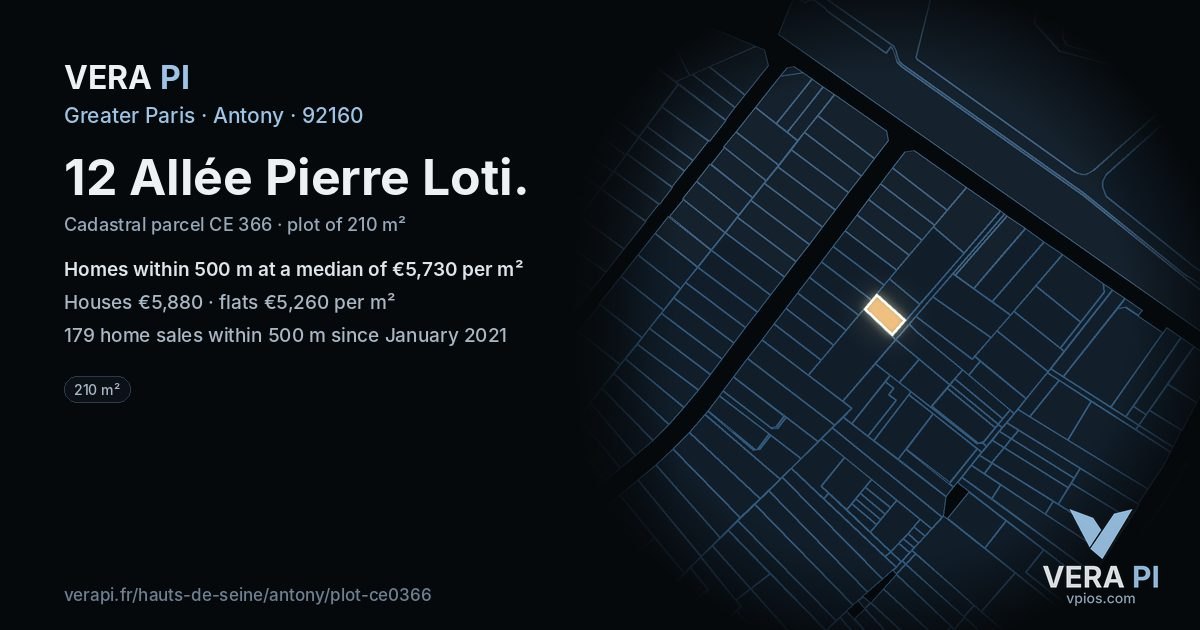 12 Allée Pierre Loti, Antony at night – the plot lit, the parcels around coloured by the prices near them