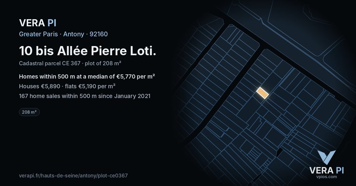 10 bis Allée Pierre Loti, Antony at night – the plot lit, the parcels around coloured by the prices near them