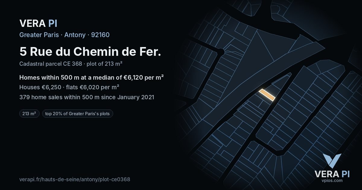 5 Rue du Chemin de Fer, Antony at night – the plot lit, the parcels around coloured by the prices near them