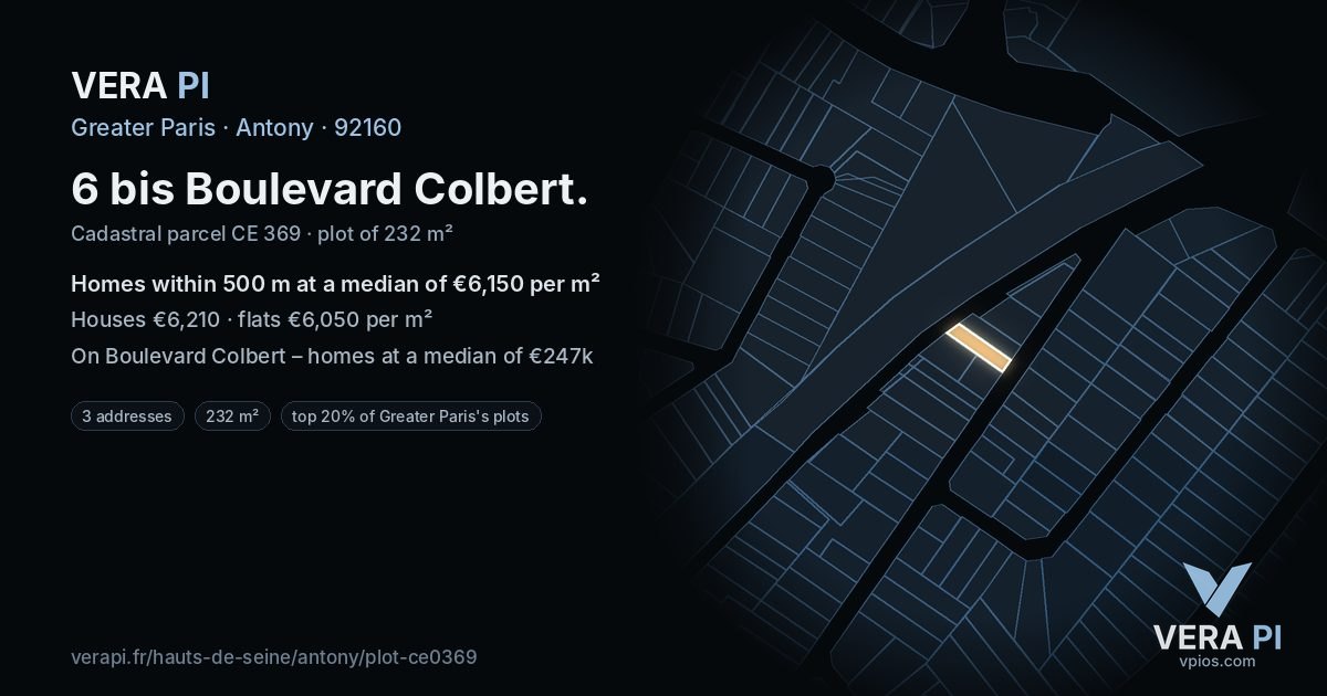 6 bis Boulevard Colbert, Antony at night – the plot lit, the parcels around coloured by the prices near them