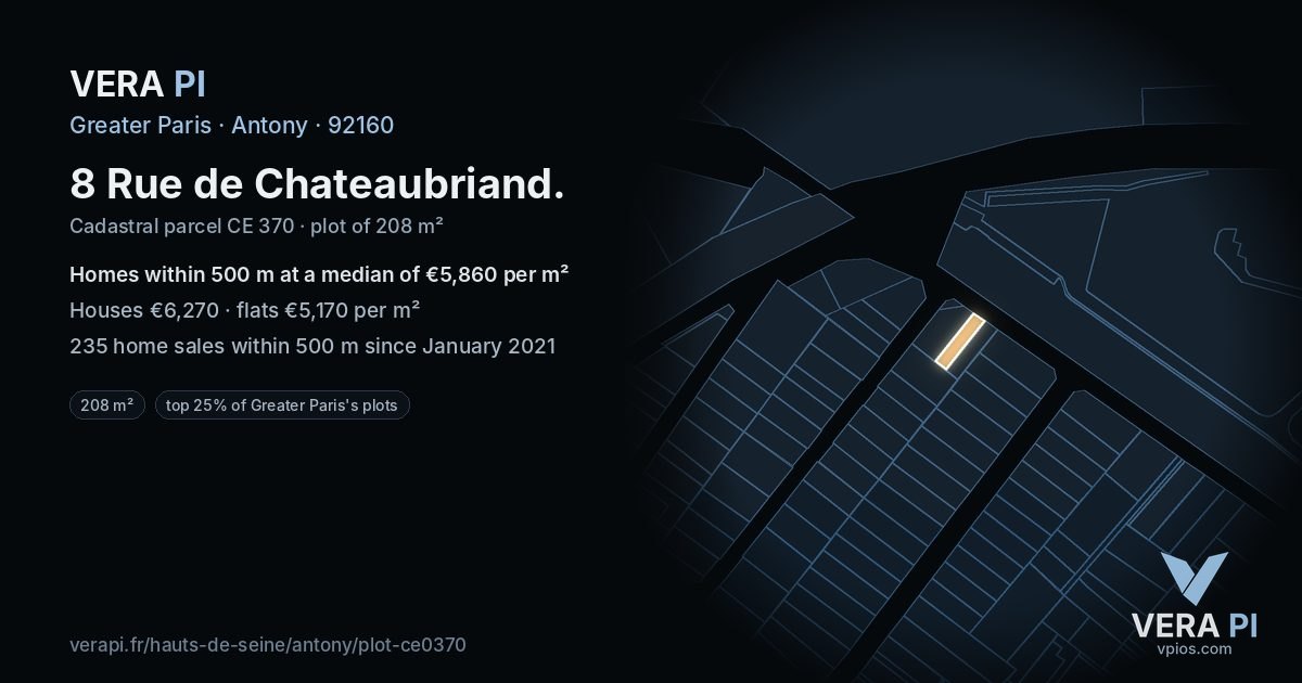 8 Rue de Chateaubriand, Antony at night – the plot lit, the parcels around coloured by the prices near them