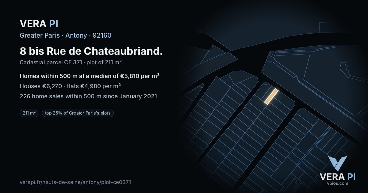 8 bis Rue de Chateaubriand, Antony at night – the plot lit, the parcels around coloured by the prices near them
