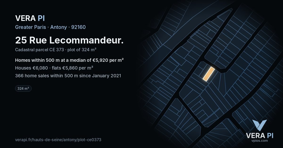 25 Rue Lecommandeur, Antony at night – the plot lit, the parcels around coloured by the prices near them