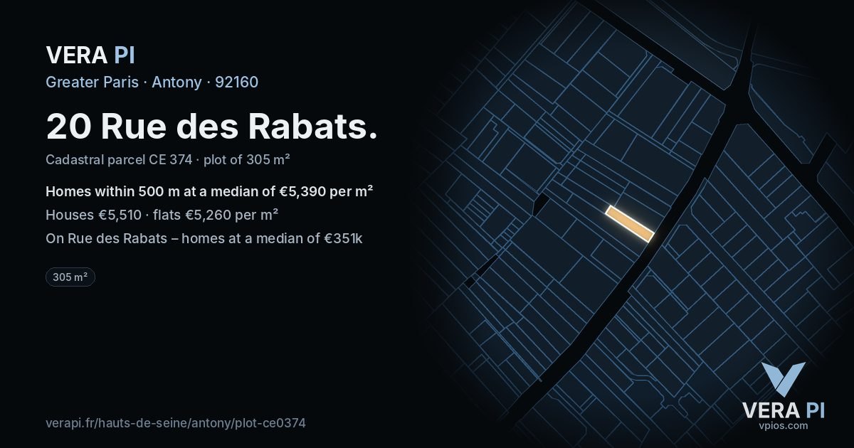 20 Rue des Rabats, Antony at night – the plot lit, the parcels around coloured by the prices near them