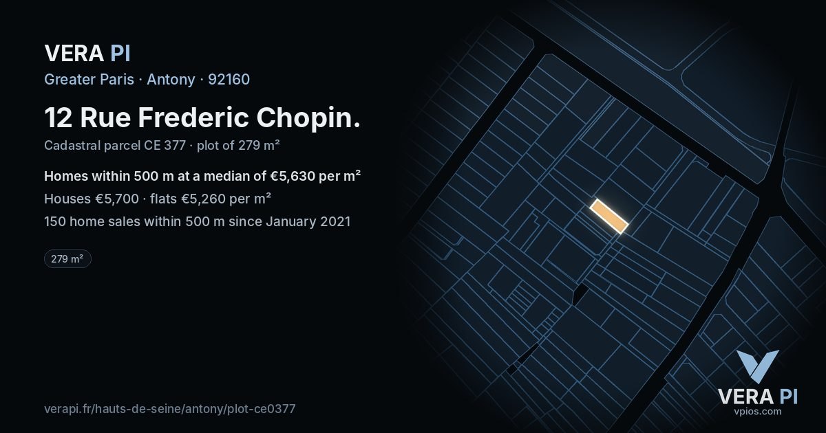 12 Rue Frederic Chopin, Antony at night – the plot lit, the parcels around coloured by the prices near them