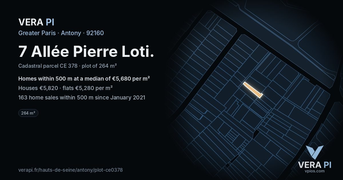 7 Allée Pierre Loti, Antony at night – the plot lit, the parcels around coloured by the prices near them