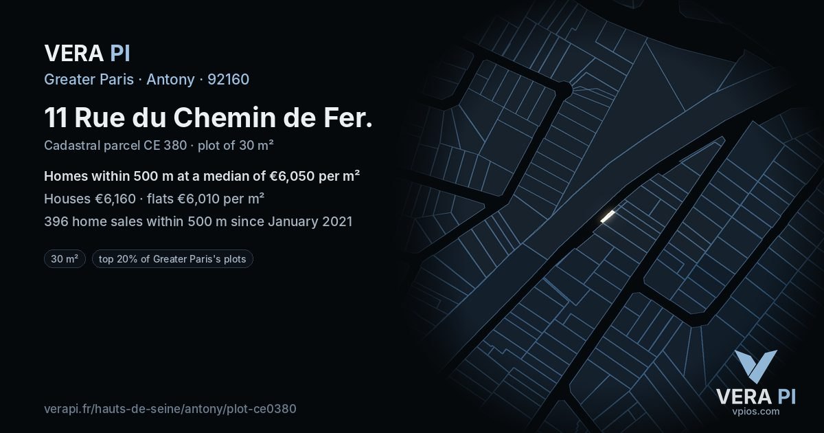 11 Rue du Chemin de Fer, Antony at night – the plot lit, the parcels around coloured by the prices near them