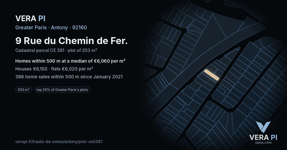 9 Rue du Chemin de Fer, Antony at night – the plot lit, the parcels around coloured by the prices near them