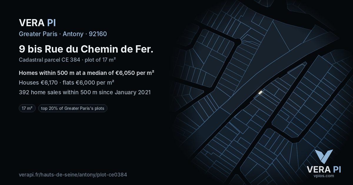 9 bis Rue du Chemin de Fer, Antony at night – the plot lit, the parcels around coloured by the prices near them