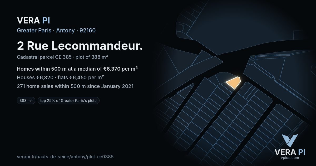 2 Rue Lecommandeur, Antony at night – the plot lit, the parcels around coloured by the prices near them