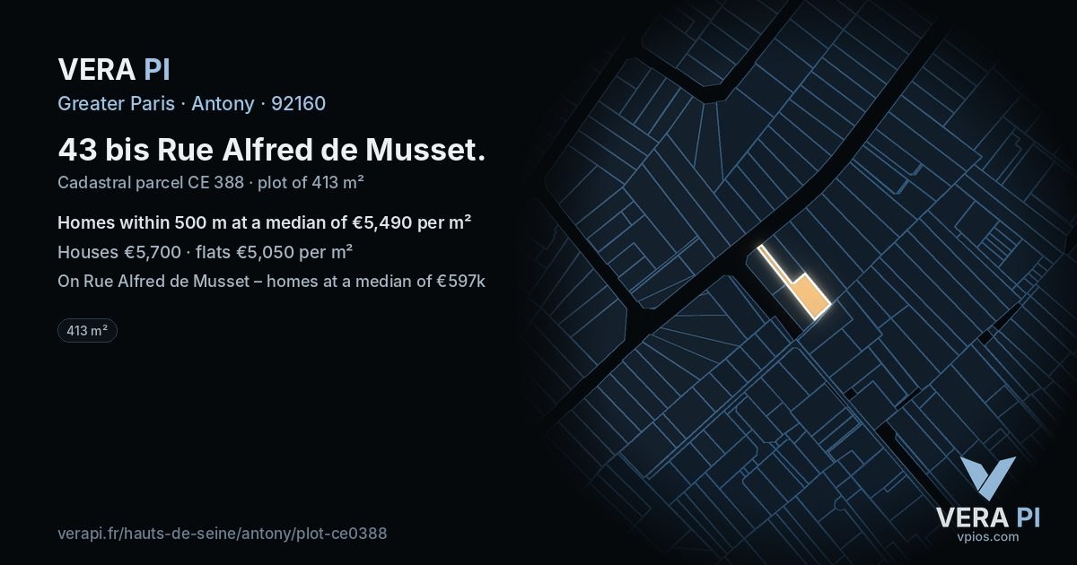 43 bis Rue Alfred de Musset, Antony at night – the plot lit, the parcels around coloured by the prices near them