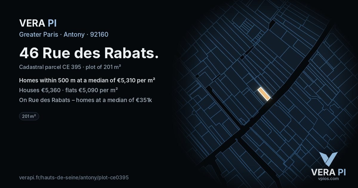 46 Rue des Rabats, Antony at night – the plot lit, the parcels around coloured by the prices near them