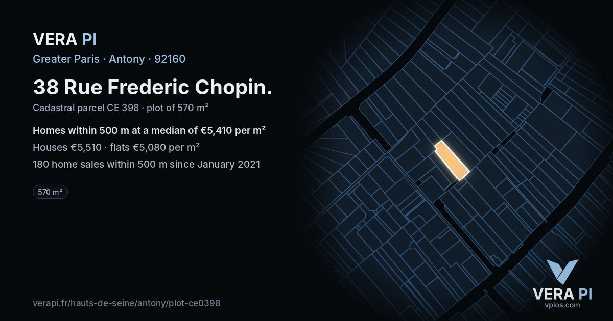 38 Rue Frederic Chopin, Antony at night – the plot lit, the parcels around coloured by the prices near them